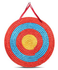Portable 20 Inch Round Straw Archery Target, 4 Inch Thick, with deep red, blue, and yellow finish, five layer design, red handle.