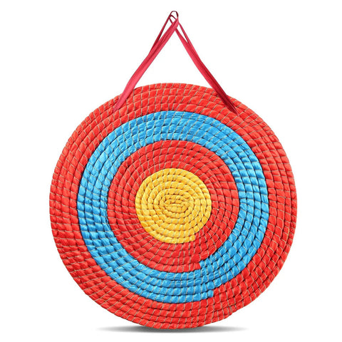 Portable 20 Inch Round Straw Archery Target, 4 Inch Thick, with deep red, blue, and yellow finish, five layer design, red handle.