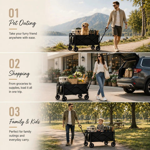Foldable Wagon Cart With All Terrain Wheels, Heavy Duty Utility Wagon For Beach Ready Hauls, Sand, Garden, outdoor scenes