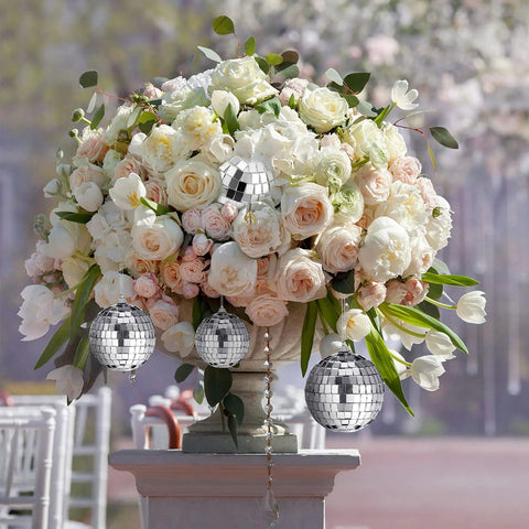 Floral display with 30 Pcs Mini Disco Ball Ornaments Hanging Mirror Balls For Party Decor Wedding on a garden stand
