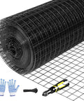 Heavy Duty 24 Inch By 100 Foot Black Hardware Cloth With One Inch Square Mesh roll, gloves, and wire cutter displayed.