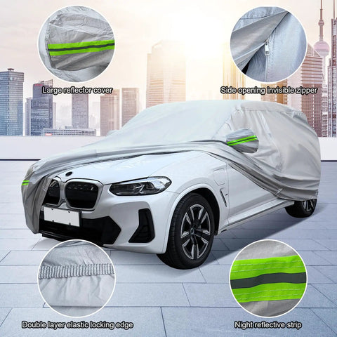 Universal 6 Layer Car Cover For SUVs Up To 190 Inches showcasing reflective strips, zipper opening, and elastic edges.