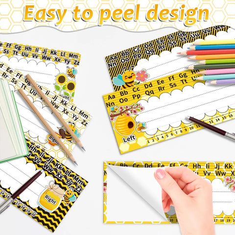 Flat Name Plates With Alphabet And Numbers 72 Pack Self Adhesive Name Tags showing bee-themed design with easy peel feature.