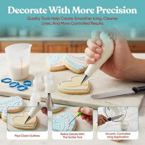 Versatile Big Time Premium 67 Piece Cookie Decorating Kit Featuring Royal Icing Tools, icing bag, spatula, heart-shaped cookies.