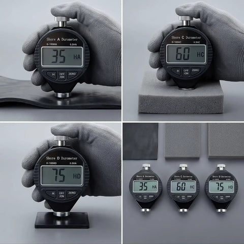 Professional Grade Slick Digital Shore Hardness Tester With Crisp Readout Screen measuring rubber and foam hardness values.
