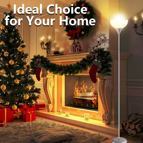 Industrial Modern Floor Lamp with drop resistant white lampshade and E26 socket in cozy Christmas-themed living room setting