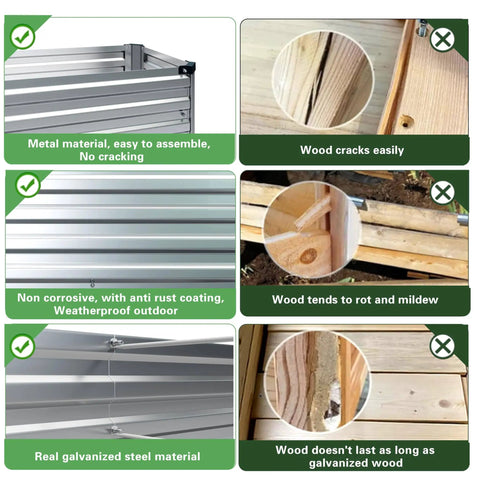 Visual comparison of galvanized steel vs wood for garden beds; highlighting rust resistance and durability of steel.