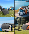 No-Fuss 100W Foldable Portable Solar Panel used with camper and tents near lake and forest, RV life, off-grid adventures