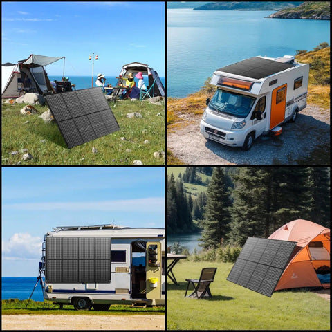 No-Fuss 100W Foldable Portable Solar Panel used with camper and tents near lake and forest, RV life, off-grid adventures