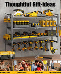 Heavy Duty Power Tool Organizer Wall Mount With 7 Slot Cordless Drill Holder And Battery Shelf, tools and accessories displayed.