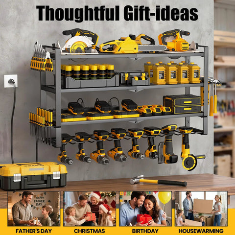 Heavy Duty Power Tool Organizer Wall Mount With 7 Slot Cordless Drill Holder And Battery Shelf, tools and accessories displayed.