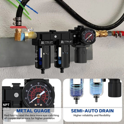 3/8 NPT Air Drying System With Dual Regulator and Metal Bracket installed on a wall, featuring pressure gauge and 5 micron filter cartridges.