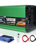 5000W Power Inverter With Pure Sine Wave Cleans 12V Battery Juice Into 120V Ac For Your Rig Adventures, showing green casing, LCD remote, and cables.