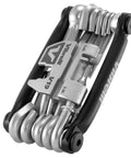 Close-up of Ride Ready 19 Tools Bike Multitool with carry case, showcasing hex keys and chain breaker, ultra slim 3 inch design.