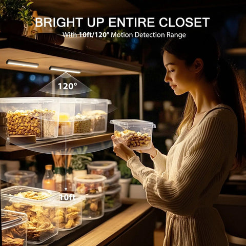 Woman using Motion Sensor Closet Night Light 10 LEDs Battery Operated Stick On 3 Pack to illuminate pantry shelves