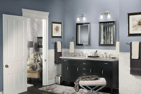 Bathroom with Eva Brushed Nickel Single Post Open Hand Towel Ring For Bathroom That Adds Quick Style With No Fuss Easy Install Wall Mounted Towel Holder Coordinating Bath Accessory From Eva Collection YB2886BN next to mirror and sink.