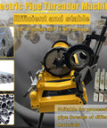 Built Tough Electric Pipe Threader Machine Half To Four Inch Range Featuring 4 Point 9 Inch Chuck, showing BSPT NPT die sets and pipe threading features.