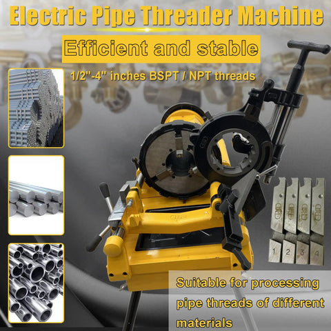 Built Tough Electric Pipe Threader Machine Half To Four Inch Range Featuring 4 Point 9 Inch Chuck, showing BSPT NPT die sets and pipe threading features.