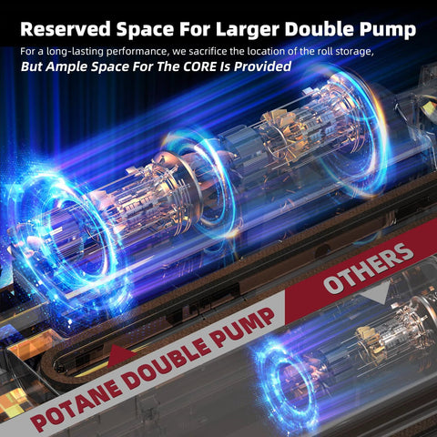 Potane double-pump vacuum sealer, angled view with blue illuminated internal gears.