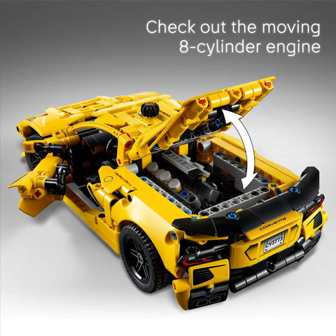 Chevrolet Corvette Stingray Muscle Car Building Kit For Kids And Up Teens model showing moving 8-cylinder engine detail