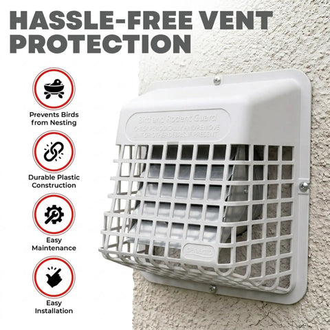 Universal Outdoor Vent Bird Guard For 3 To 4 Inch Dryer And Bath Exhaust Covers in durable plastic on exterior wall