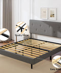 Queen Size Linen Bed Frame With Adjustable Headboard Grey Upholstered Design Featuring Heavy Duty Wooden Base And High Density Foam for easy assembly and noise-free slats.