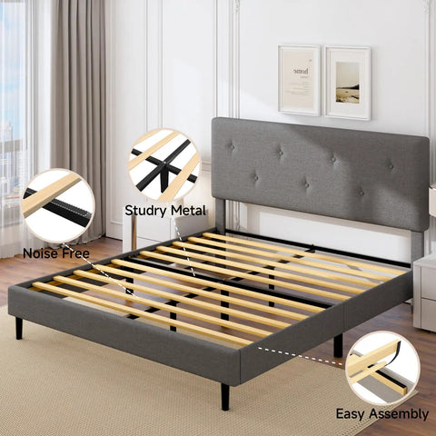 Queen Size Linen Bed Frame With Adjustable Headboard Grey Upholstered Design Featuring Heavy Duty Wooden Base And High Density Foam for easy assembly and noise-free slats.