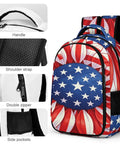 USA Flag Sunflower Printed Unisex Backpack with Large Capacity Durable Polyester Daypack showing handle, zipper, straps