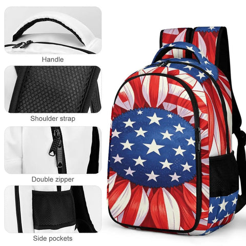 USA Flag Sunflower Printed Unisex Backpack with Large Capacity Durable Polyester Daypack showing handle, zipper, straps