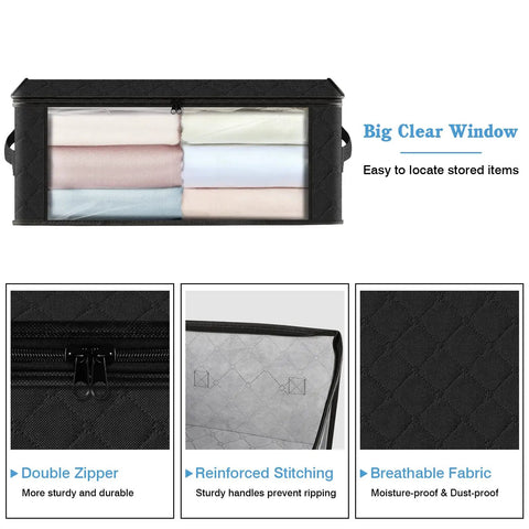 Three Pack Foldable Clothes Storage Bags With Large Clear Window And Sturdy Handles 35L Black For Closet Dorm Pillows Bedding Clothes And Blankets Great For Small Spaces, showing clear window and sturdy zipper.