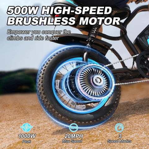 Dope Fat Tire Electric Mountain Bike With 800W Peak Motor 20 MPH Top Speed Removable Battery Front Fork Suspension 16 Inch Teens Ebike Wider Seat For All Day Comfort Up To 35 Mile Range For Leisure Riding And Commuting rear wheel motor close-up