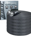 75ft non-expanding garden hose coiled, black and gray with metal fittings