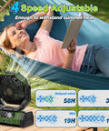 Person relaxing in a hammock with Go To 20000mAh Camping Fan With Remote and LED Lantern cooling nearby, 4 speed settings shown.