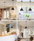 Industrial Hammered Metal Pendant Light Fixture, 10 Inch Adjustable Hanging Lamp With Black Shade in various room settings.