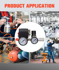 Pressure Switch Kit For Air Compressors With Four Port Gauge Auto On At Ninety Five PSI And Auto Off At One Hundred Twenty Five PSI Easy Read Gauge Quick Install One Quarter Inch NPT Thread Ideal For Home Shop DIYers shown in use in various settings like workshops and garages.
