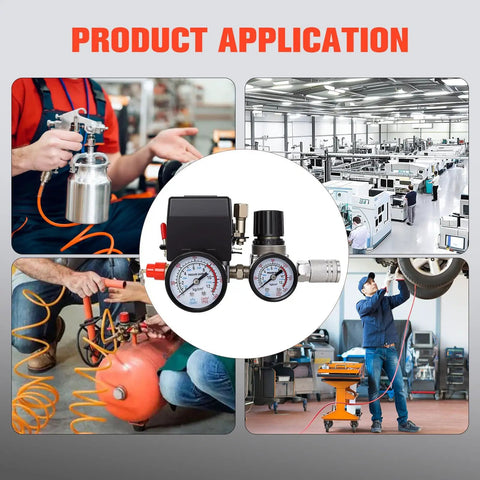Pressure Switch Kit For Air Compressors With Four Port Gauge Auto On At Ninety Five PSI And Auto Off At One Hundred Twenty Five PSI Easy Read Gauge Quick Install One Quarter Inch NPT Thread Ideal For Home Shop DIYers shown in use in various settings like workshops and garages.