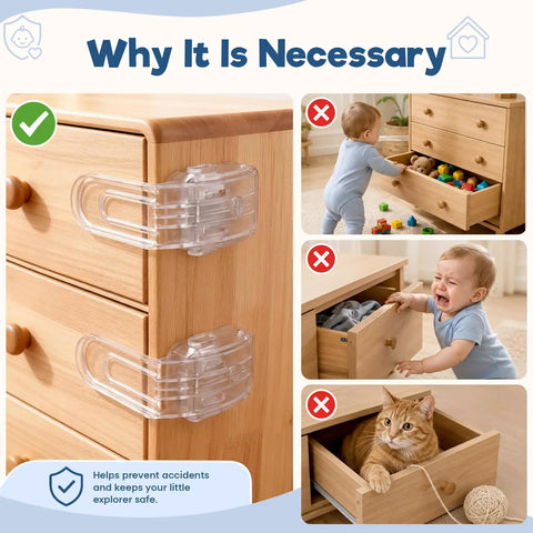 Baby Proofing Drawer Locks With Dual Button Unlock Clear Adhesive Safety Locks 4 Pack on wooden cabinet, preventing access