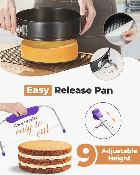 Easy release pan from 700-Piece Cake Decorating Kit With Springform Pans, Cake Turntable, Piping Tips, Pastry Bags, Baking Tools