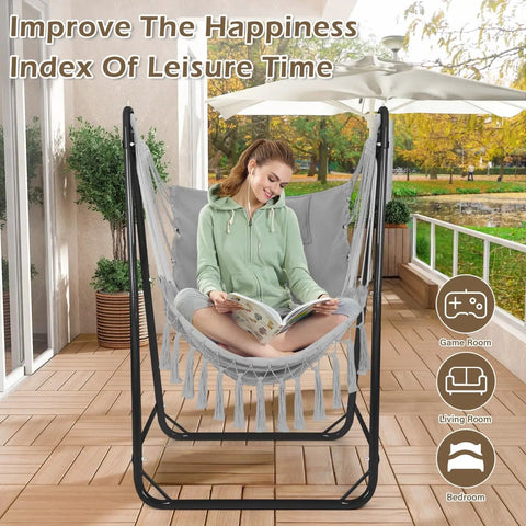 Heavy Duty U Shaped Hammock Chair With Stand Ready To Chill Rustproof Hanging Swing for Yard and Garden on patio