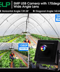 Mini Aluminum USB Security Camera With 170 Degree Wide Fisheye Lens 5MP HD in a greenhouse setting for monitoring plant growth