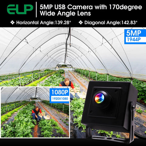Mini Aluminum USB Security Camera With 170 Degree Wide Fisheye Lens 5MP HD in a greenhouse setting for monitoring plant growth