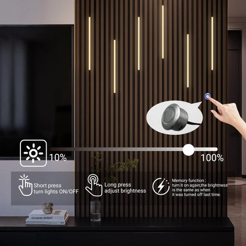 Black LED Recessed Lighting Kit Dope Six Pack Sixteen Inch 3000K Dimmable Warm White Lights on wood slat wall with touch switch