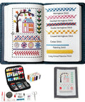 DIY Embroidery Stitch Book Kit With Illustrated Guide To 106 Universal Stitches And 86 Piece Sewing Tool Kit, Perfect For Beginners And Craft Lovers, Free Tutorials Included, All Essential Tools Ready To Use. Open book showing stitches, 86-piece kit with tools