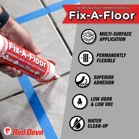 Person holding Fix-A-Floor tube on tiled surface with product features listed, related to Extra Strength Tile Repair Adhesive Pro Pack.
