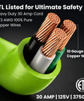 30 Amp RV Power Cord 100 Ft Heavy Duty Waterproof TT-30P To TT-30R Extension Cable For Campers And Travel Trailers Reaches Any Pedestal At Campgrounds No Adapters Needed, 10 gauge copper wire cutaway