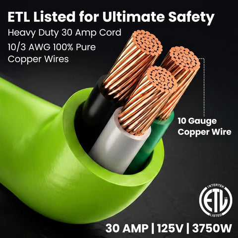 30 Amp RV Power Cord 100 Ft Heavy Duty Waterproof TT-30P To TT-30R Extension Cable For Campers And Travel Trailers Reaches Any Pedestal At Campgrounds No Adapters Needed, 10 gauge copper wire cutaway