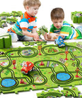 Two kids playing with 56 Piece Jigsaw Race Track Car Set For Toddlers And Kids Ages 2 3 4 5 6 Colorful City Theme Puzzle