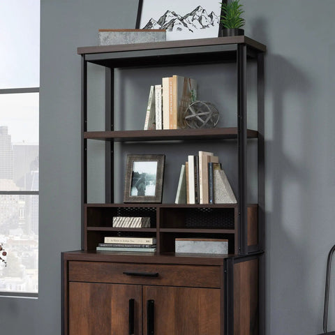 Adjustable Shelf Library Hutch Space Saver Brown Industrial Style Desk Organizer And Bookshelf with cubbies in home office
