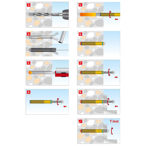 Installation steps for Heavy Duty Composite Mortar Inner Threaded Anchors M8x80 Millimeter Impact Wall Plugs with drill illustration.