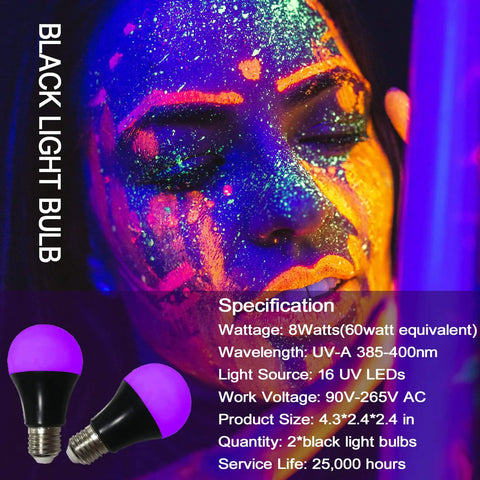 8W UV LED Black Light Bulbs A19 E26 Pack Of 2 For Glow In The Dark Neon Party Vibes with body paint effect